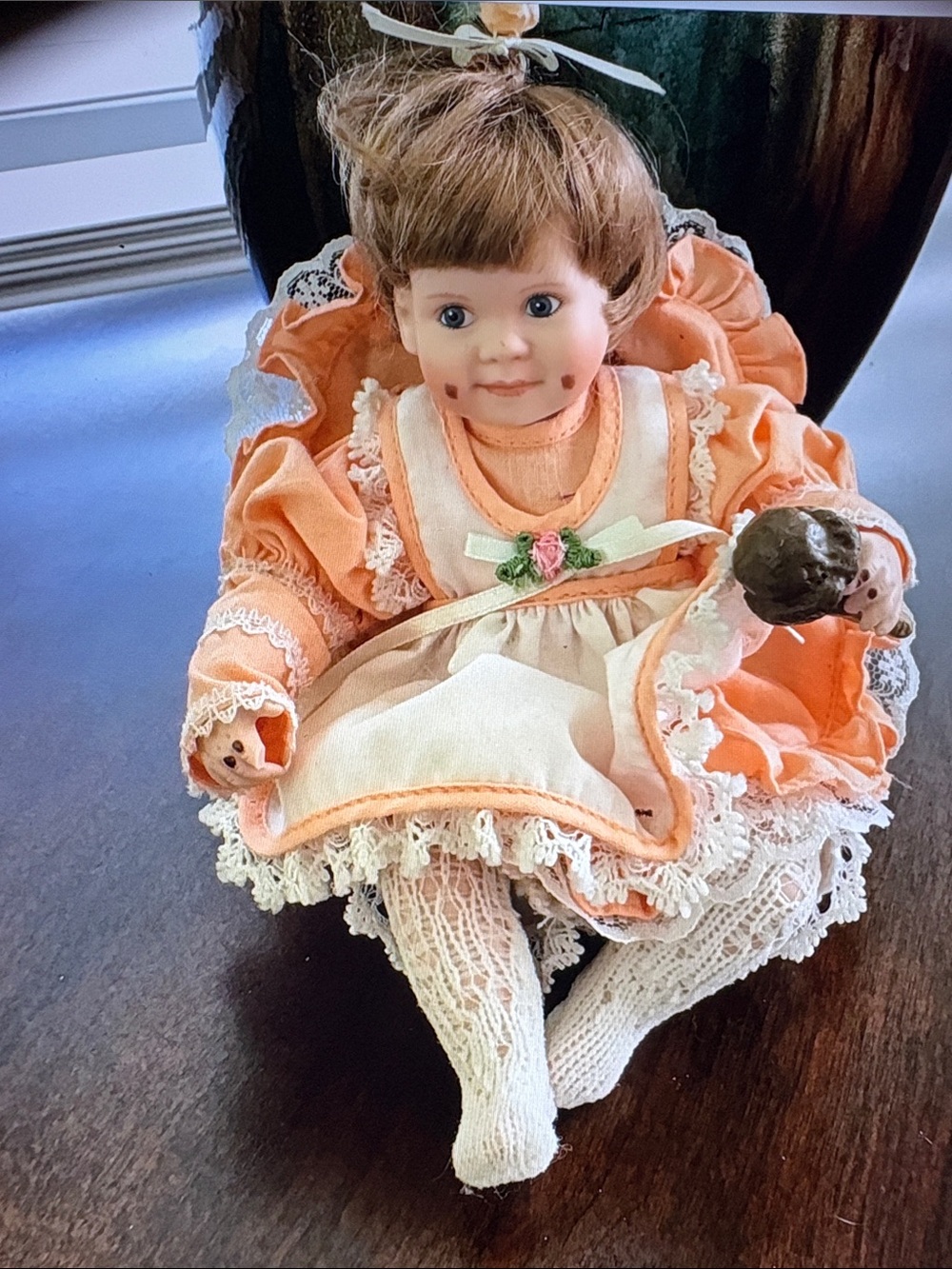 🌹New Listing 🌹Porcelain Peach Lace Baby Doll with Apron - Vintage-Style Kids Toy